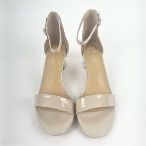 Cream Patent Leather Ankle Strap Block Heel Shoes